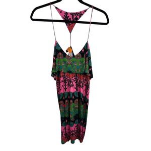 Voom by Joy Han Dress Womens Medium Pink Green Boho Halter Ruffle Summer USA